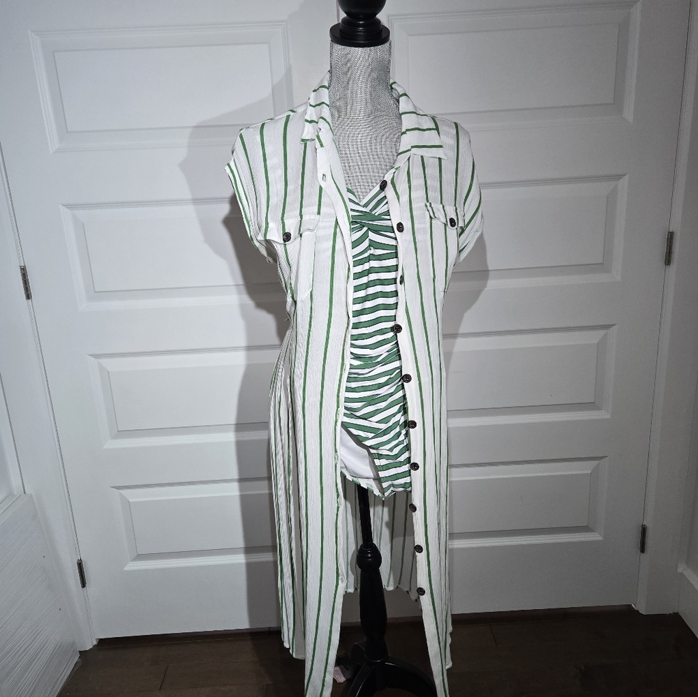 Set of White Shirt Dress with Green  Stripes and Swimsuit